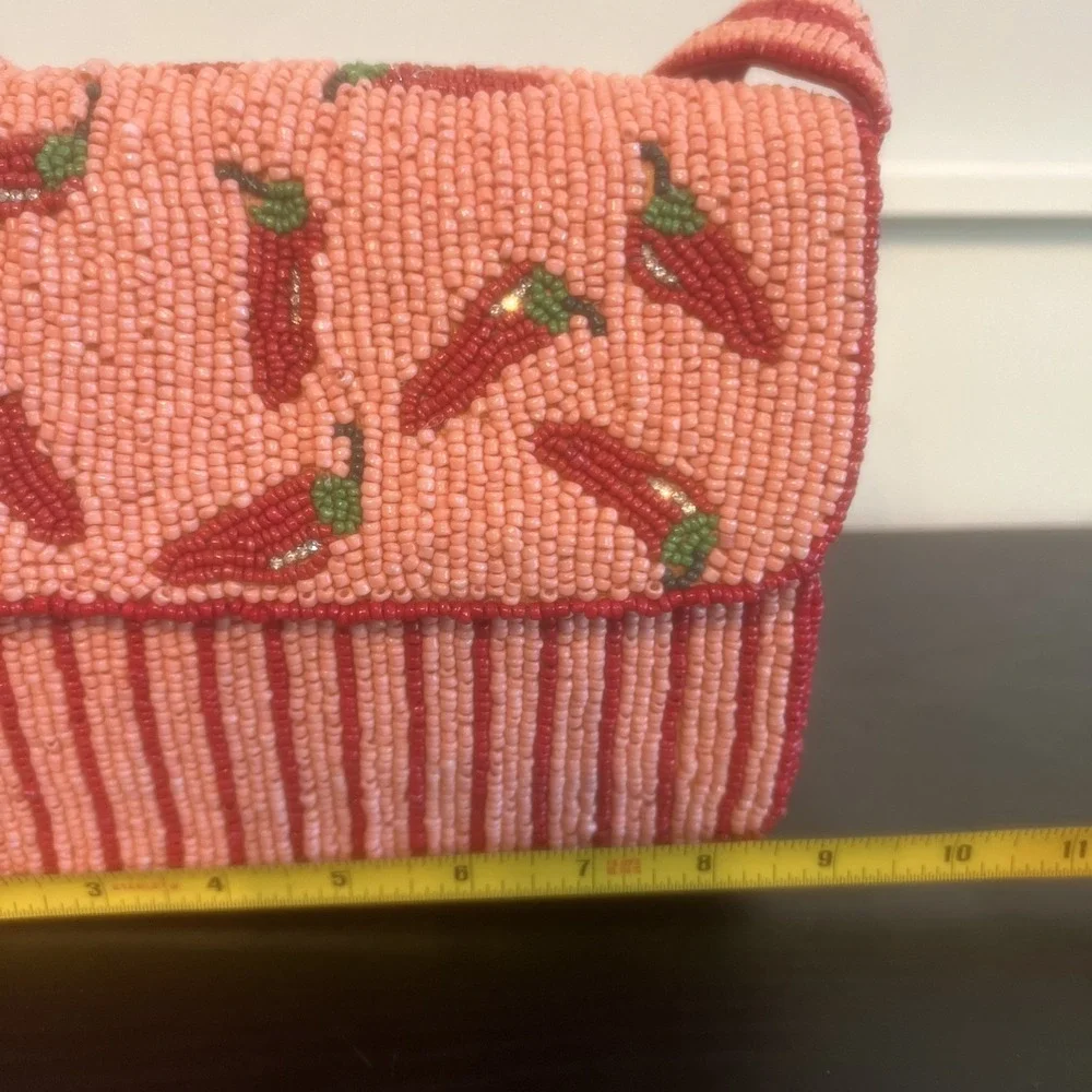 NEW-Handcrafted In India Beaded Chili Peppers Pink Red Striped Shoulder Bag